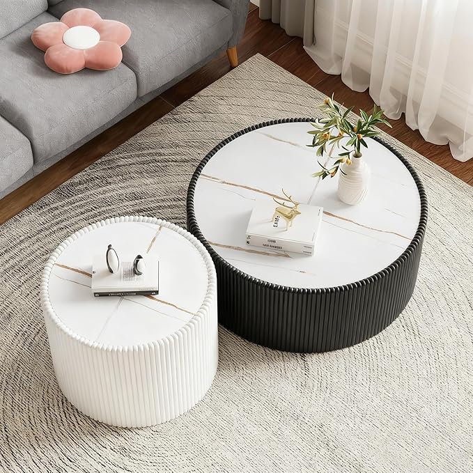 Round Living Room Table Set, 29.52" Black Drum Center Table and 17.71" White Coffee Table Set, 2 Pieces Coffee Table Set with Sintered Stone Tabletop, Fluted PU Leather Covered and StableBase
