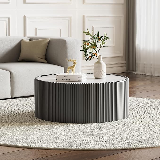 29.52" Grey Round Coffee Table, Drum Coffee Table with Sintered Stone Tabletop and Fluted PU Leather Covered and Stable Base, Circle Cocktail Tea Table for Living Room