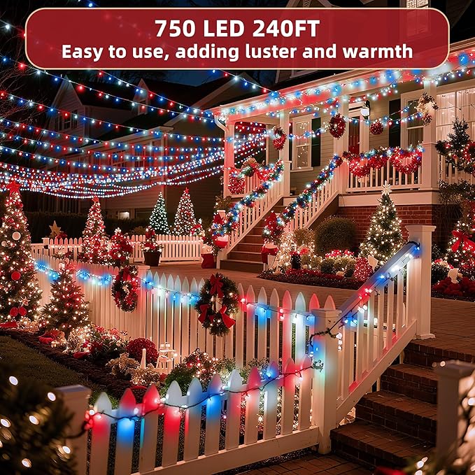 240FT Christmas Lights Outdoor, 750 LED Christmas Tree Decoration Lights with 12 Modes & Timer Memory, Dimmable Plug In Waterproof LED Xmas Light for Yard Wedding Party Holiday Red White & Blue