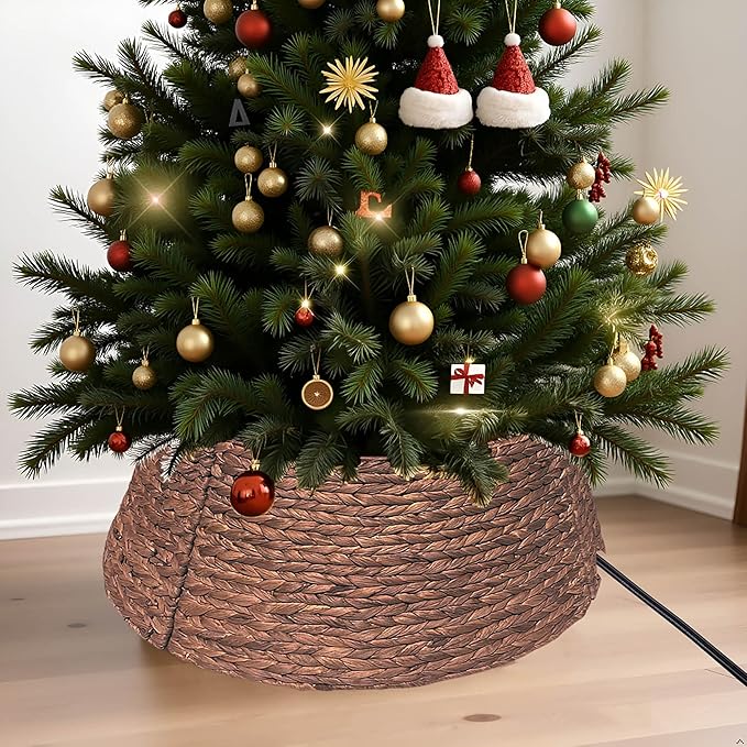 Handwoven Christmas Tree Collar – Natural Water Hyacinth Rattan Ring, Rustic Boho Holiday Decoration for Artificial Trees, Cozy Farmhouse Look (27 inch, Brown Wash)