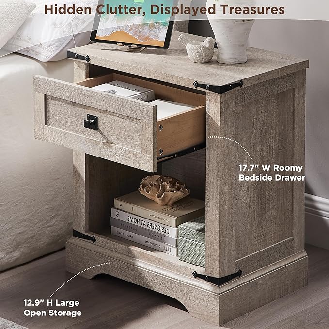 T4TREAM 24" Farmhouse Nightstand with Charging Station Set of 2, Large End Table with Drawer and Open Storage Cabinet, Rustic Wood Bedside Table Sofa Table for Bedroom, Light Rustic Oak