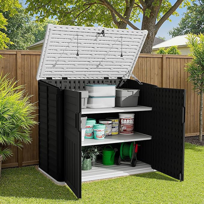 Devoko Resin Outdoor Storage Shed, 34 Cu Ft Outdoor Storage Cabinet with Shelf, Waterproof, Double Locks, Resin Storage for Trash Can, Garden Tools, Pool Supplies (Black)