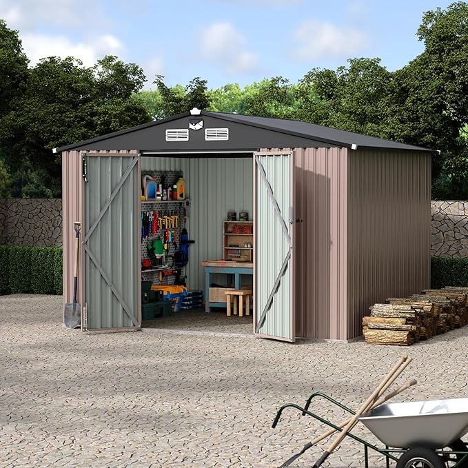 8x10 FT Metal Storage Sheds Outdoor, Metal Yard Sheds Metals Garden Shed Kit with Solar Light, MetalTool Shed with Lockable Door, Metals UtilitySheds Buildings with Air Vent for Backyard