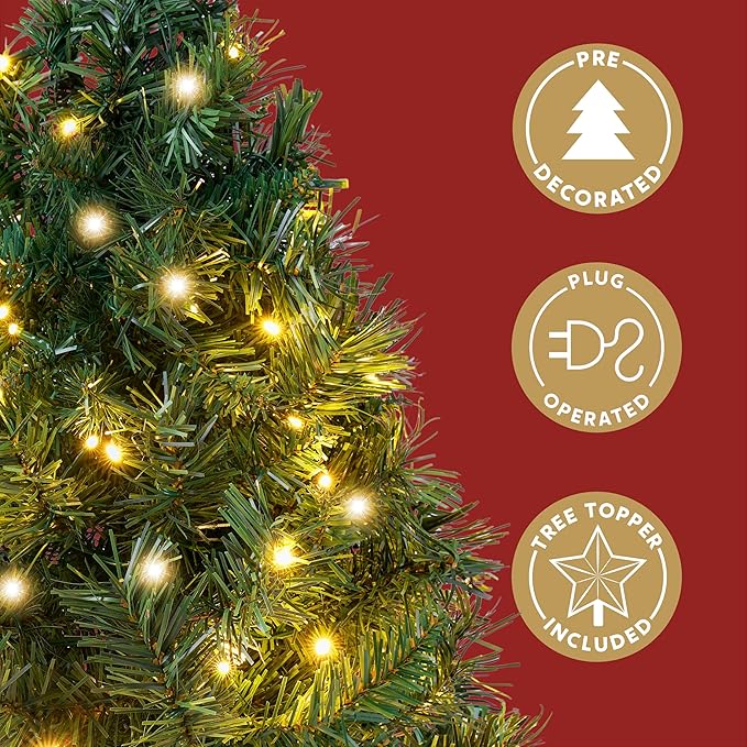 JOIEDOMI 24"/2FT Small Tabletop Christmas Tree with LED Warm Lights, Table Top Christmas Decorations Pre-lit Artificial Xmas Tree, Green Mini Tree for Christmas Decorations Indoor Xmas Party Décor