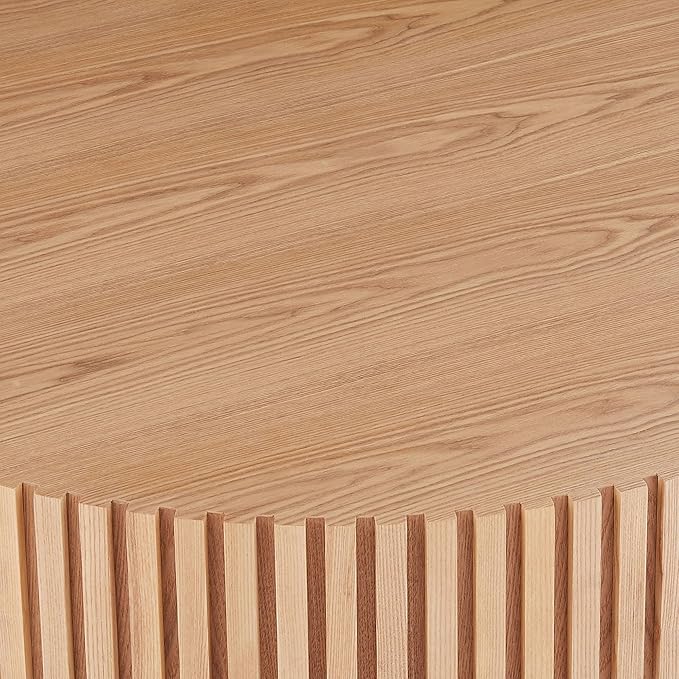 31.49" Modern Round Coffee Table,Sturdy MDF Material Pedestal Base,Fluted Wood Top,Luxury Drum Accent Table for Living Room,Kitchen,Apartment (Natural Ash,Round+Ø31.49 x13.97)