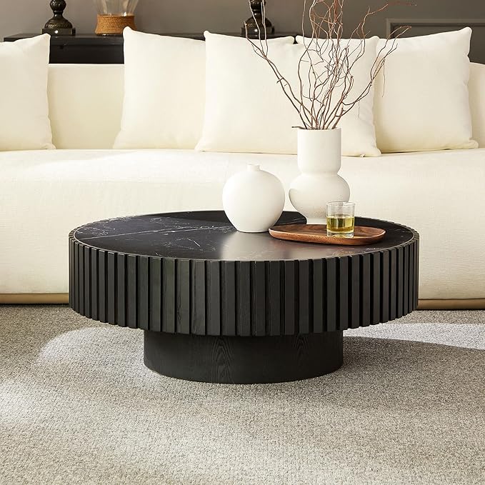 35.43'' Round Coffee Table with Faux Marble Tabletop, Modern Drum Center Coffee Tables Luxury Circle Coffee Table for Bedroom,Apartment,Living Room-Black