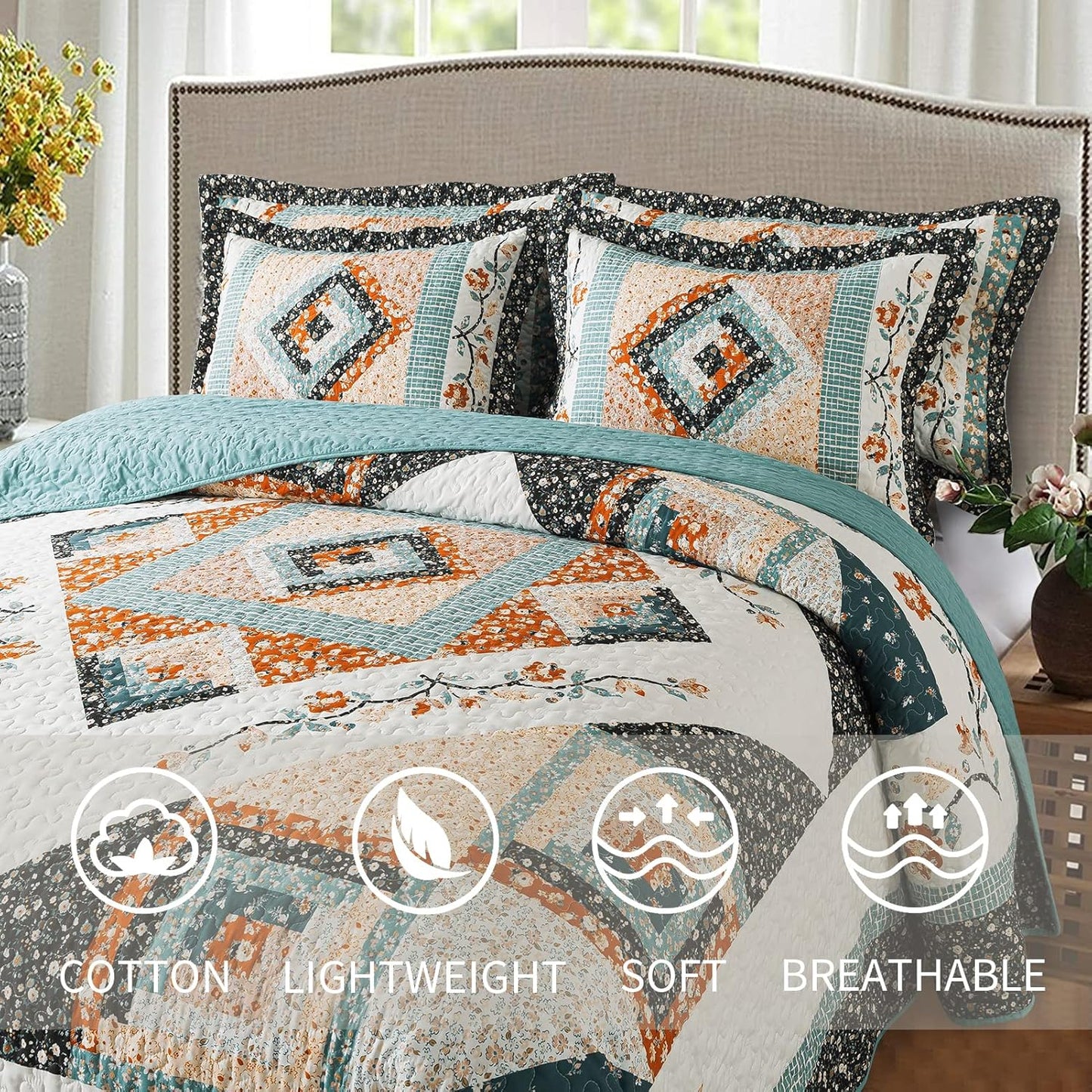 VAPUTAR Queen Size Bedding Set - 3 Pieces, Boho Quilt, Lightweight Reversible Coverlet Bedspread for Farmhouse Bedroom (Floral)