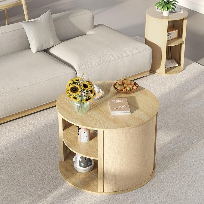 Wood Round Coffee Table with Storage, 2-Tier Boho Wooden Center Coffee Table with Adjustable Shelf, Sackcloth Finish, Farmhouse, for Living Room, 27.5 Inches