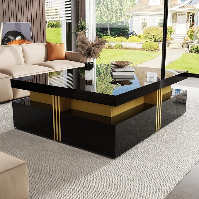Merax 43.3" Modern Glossy Square Storage Coffee Table with 4 Drawers, Gold Accents, Functional Center Tables for Living Room Apartment, Glossy Black