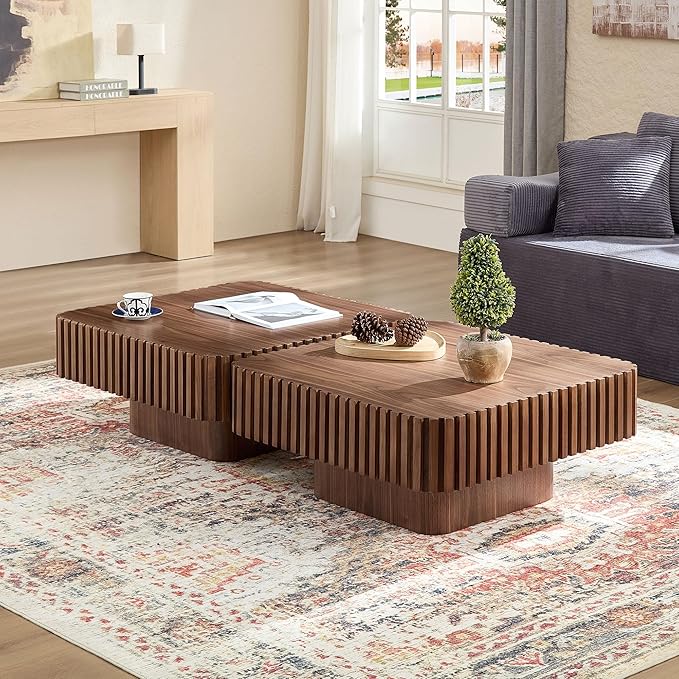 31.5" Square Coffee Table with Sturdy Base, Modern Luxury Wood Drum Center Tables,Small Wooden Accent with MDF, for Living Room, Minimalist Fluted Design-Walnut