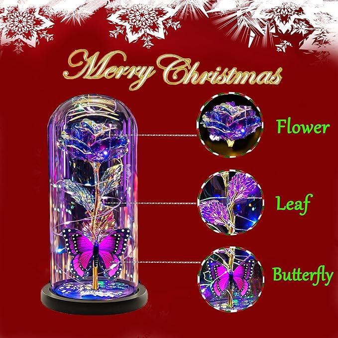 Christmas Flowers Gifts for her Women Mom Wife,Womens Gifts for Christmas, Rose Flowers Gift Light Up Rose in Glass Dome,Birthday Gifts for Woman Purple