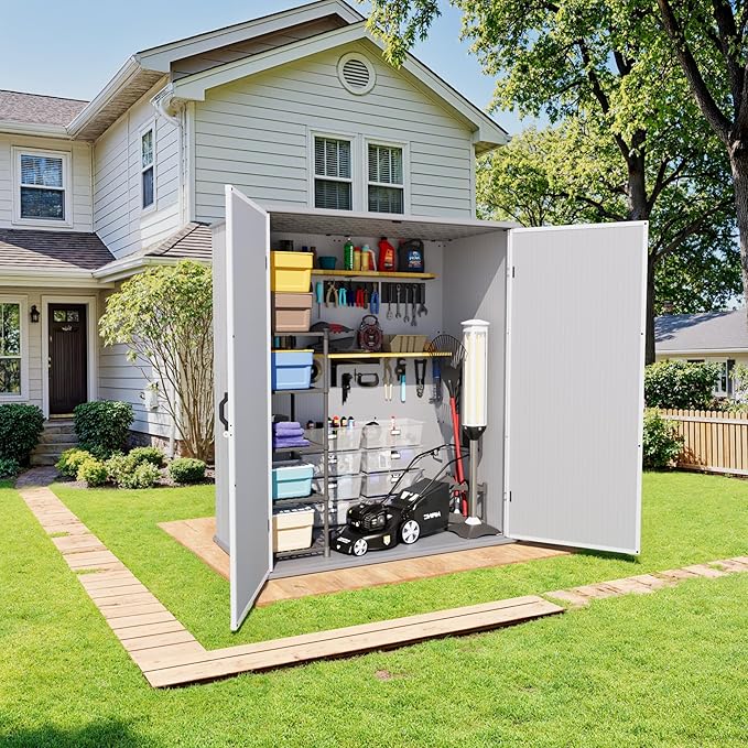 Greesum 5X3FT Plastic Storage Shed with Floor, Resin Outdoor Storaged Sheds with Lockable Door, All-Weather Tool Sheds for Garden, Backyard, Patio, Light Gray (4.7×2.5FT)