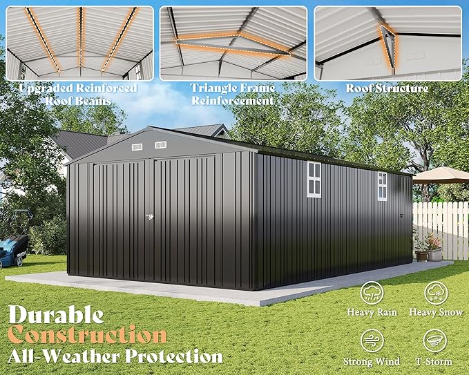 AMERLIFE 13x21x8.4 FT Outdoor Metal Garage Shed, Extra Large Storage Shed with Double Hinged Doors & 4 Windows, Carport for Car, Boat, Truck and Equipment Storage, Dark Gray
