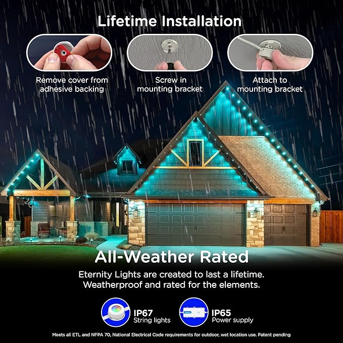 Enbrighten VIBE Eternity Permanent Outdoor Lights, 50ft, 36 RGBWIC LEDs, Smart Everyday Accent Lights, IP67 Waterproof, Compatible with Alexa, Google Home, White, 81102