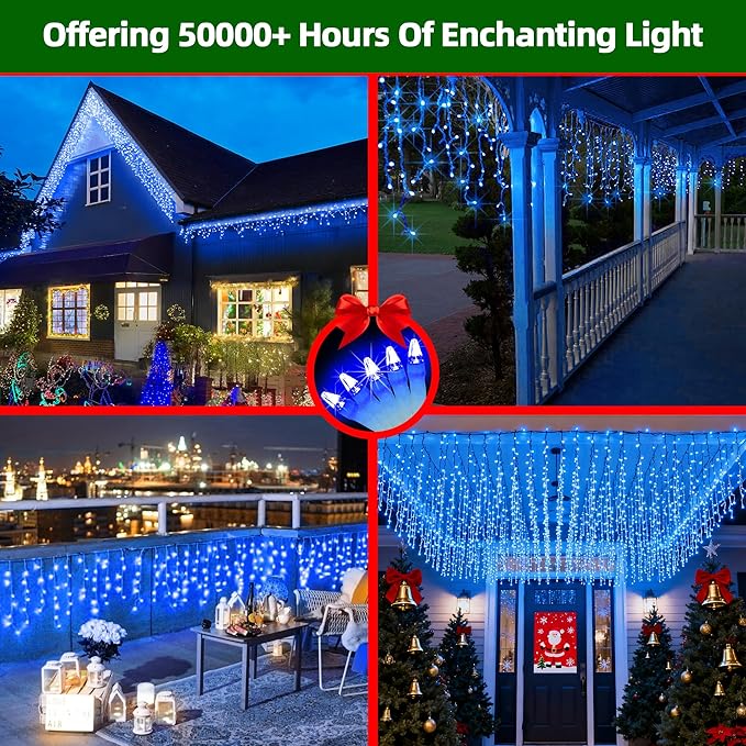 504 LED Christmas Lights with 112 Drops, 50ft 12 Modes Blue Fairy String Lights with Timer Dimmable, Waterproof Twinkle Lights for Indoor Outdoor Holiday Wedding Party Eaves Yard Yard Christmas Decor