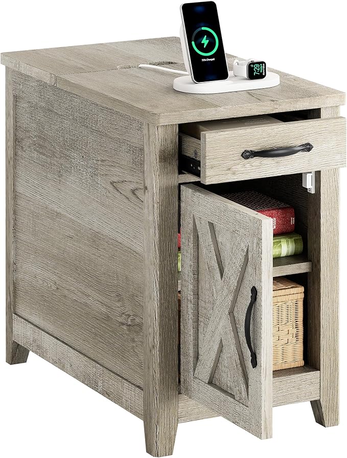 IRONCK End Table with Charging Station, Narrow Side Table for Living Room, Farmhouse Night Stand for Bedroom, Beside Table with Storage and Drawer for Home, Beige Maple