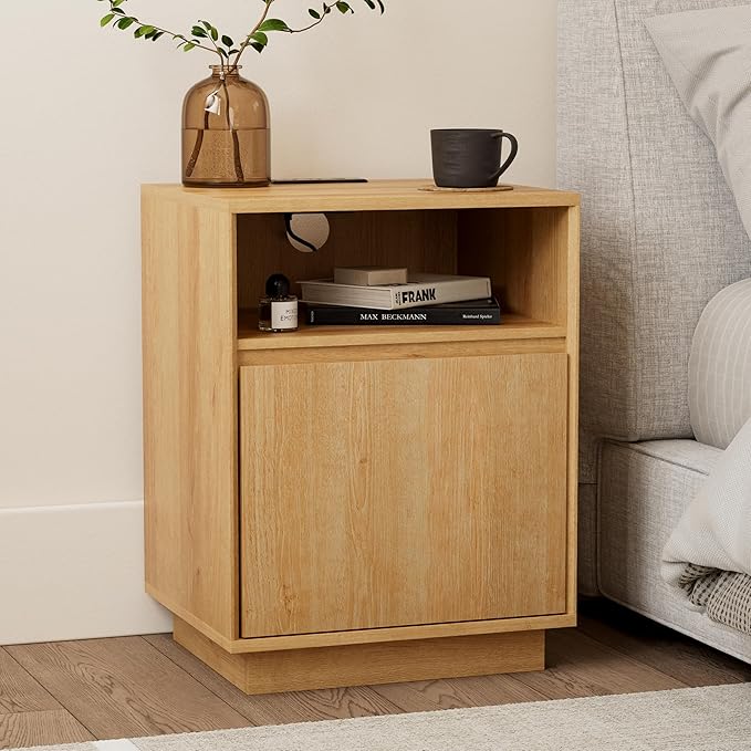 Farmhouse Night Stand Set of 2, Wood End Table with Door & Charging Station, Bedside End Tables for Bedroom, Sofa, Natural Oak