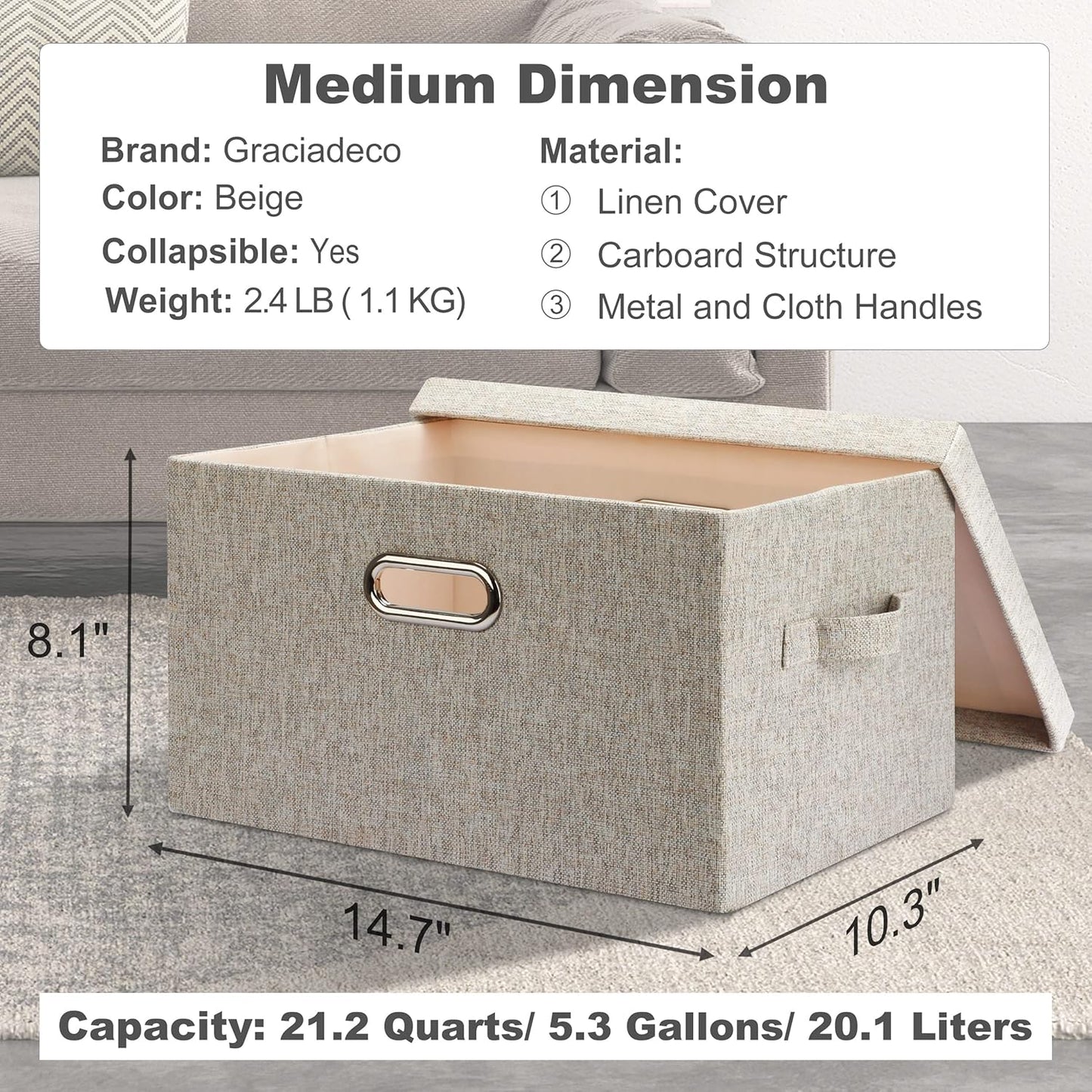 Medium 15" 21 Quart Collapsible Stackable Storage Bins with Lids, 1 Pack Beige Foldable Fabric Closet Storage Boxes with Lids, Heavy-duty Linen Baskets for Bedroom