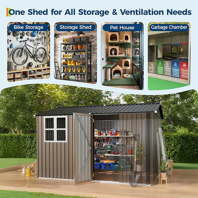 8x10 FT Outdoor Storage Shed,Metal Tool Shed with Clear Window, Lockable Doors,Large Garden Storage Box with Sloping Roof，Sheds&Outdoor Storage for Backyard Garden Patio Lawn, Brown