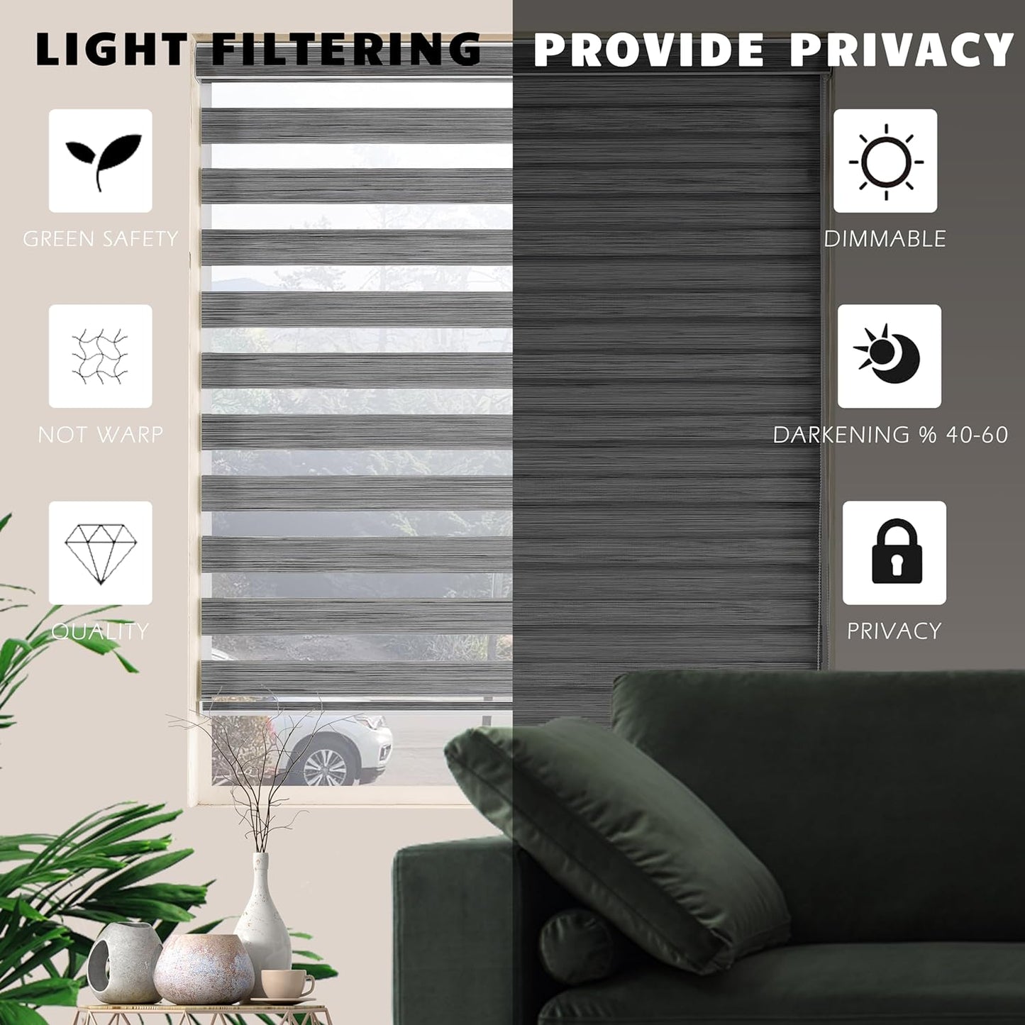 Zebra Blinds Window Blind Zebra Shade Blinds for Windows Roller Sheer Shades Privacy Light Filtering Shades for Home Kitchen Bathroom (Width 45'' X Height 72'' Grey)