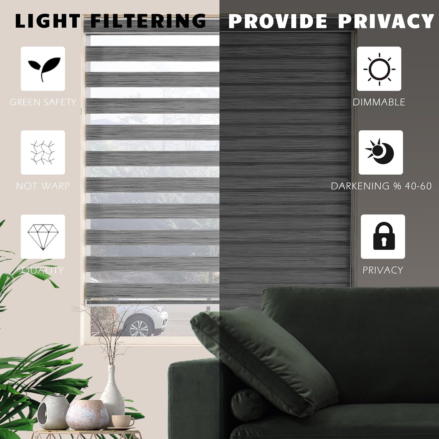 Custom Cut Size Zebra Blinds for Indoor Windows Dual Layer Free-Stop Window Shades Light Filtering Privacy Roll up Down Blinds Easy to Install (Custom Size Grey Color)