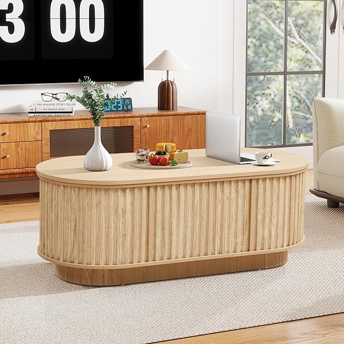 Oval Lift Top Coffee Table with Storage, 43.3”Mid Century Modern Center Table with Hidden Compartment, Fluted Wooden Lift Tabletop Dining Table for Living Room Apartment Home Office,Natural