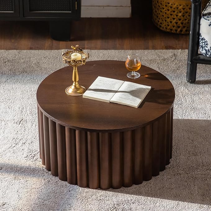 27.56" Round Lift-Top Coffee Table, Modern Fluted Tea Table with Hidden Storage for Living Room, Apartment or Office, Walnut