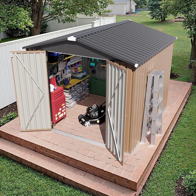 JUMMICO 8x8 FT Outdoor Storage Shed, Heavy Duty Tool Metal Sheds with Lockable Doors and Updated Frame Structure for Backyard Patio Lawn, Brown