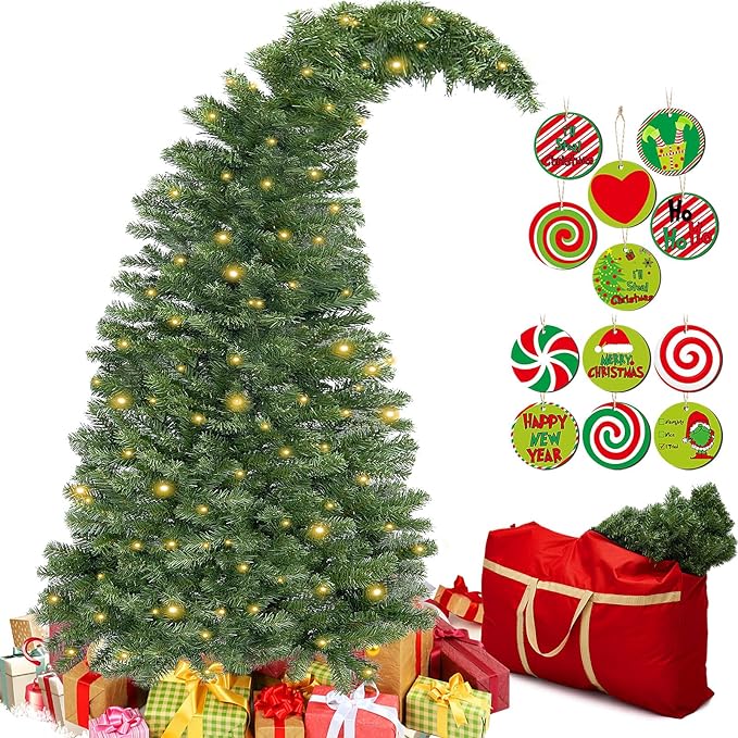 Syhood 7.5ft Bendable Christmas Tree Pre-Lit Whimsical Christmas Bent Top Artificial Xmas Tree with LED Lights Ornament Bag, Green