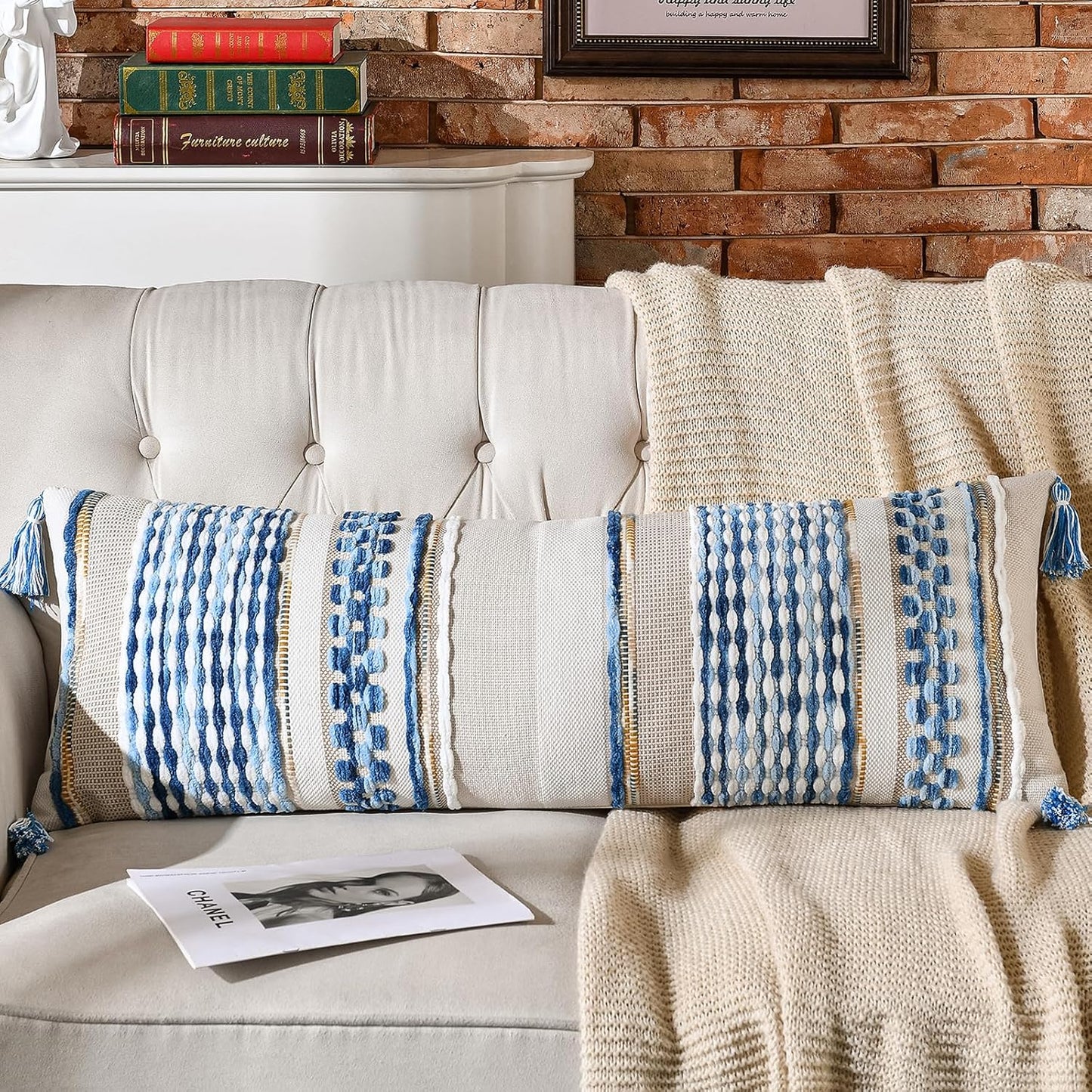 AmHoo Chenille Striped Textured Boho Throw Pillow Covers Aesthetic with Tassels Woven Decorative Pillow Case for Couch Bed Sofa Bedroom Modern Funky 14 x 36-Inch Sky Blue