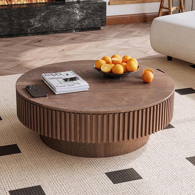 39" Round Coffee Table with Hidden Storage Compartment, Modern Handcraft Fluted Drum Coffee Table, Wooden Circle Center Table Cocktail Tea Table with Sturdy Pedestal for Living Room, Walnut
