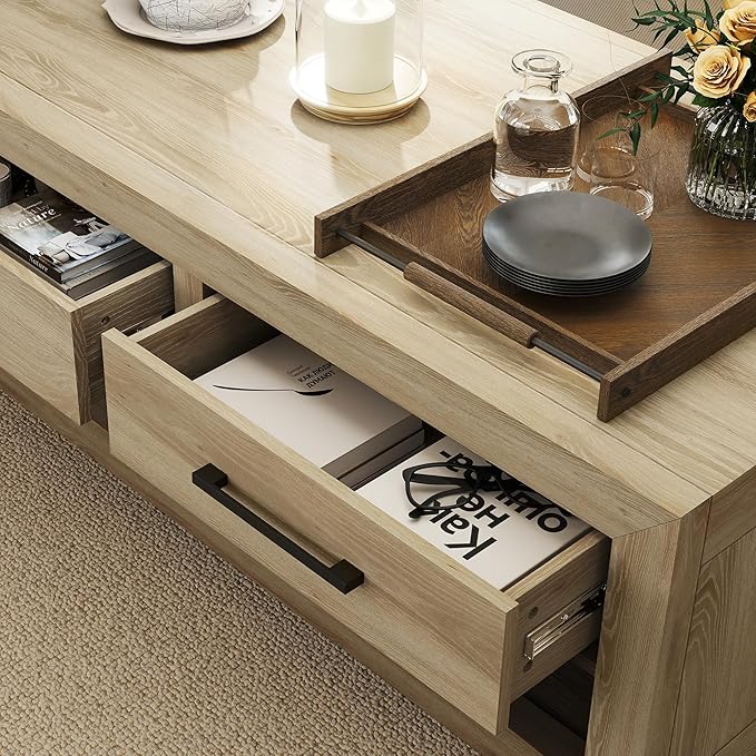 48" Coffee Table with 4 Storage Drawers and Open Shelf, Metal Handles, Solid Rectangular Modern Luxury Farmhouse Table for Living Room, Home Office, Natural