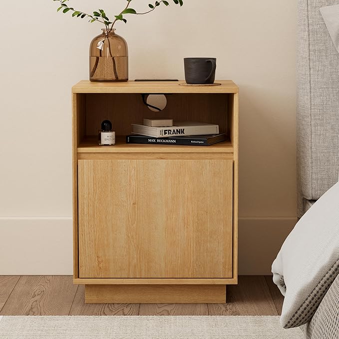 Farmhouse Nightstand with Door, Wood Storage End Table with Charging Station & Open Shelf, Bedside End Tables for Bedroom, Sofa, Natural Oak