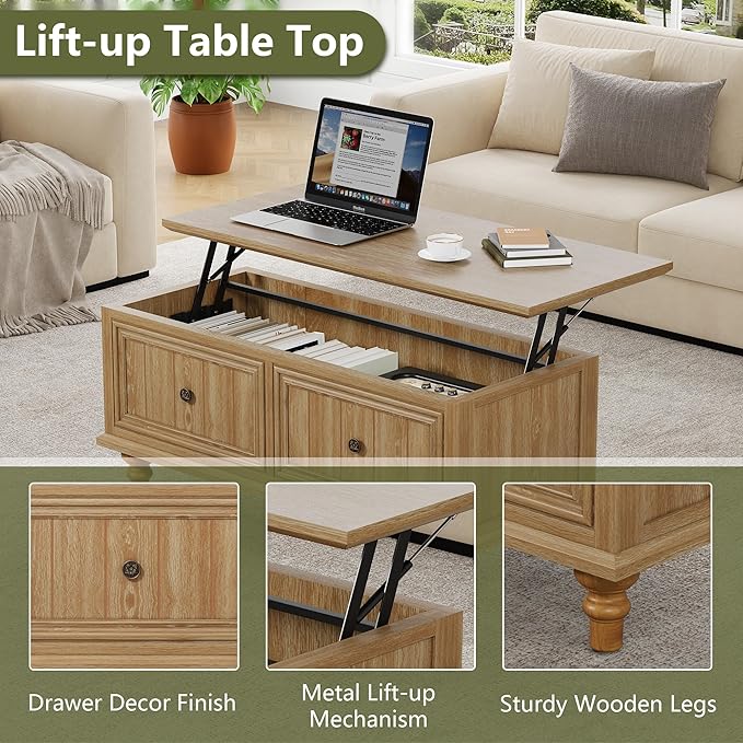 Lift Top Coffee Table with Storage, 39" Wood Rectangular Center Table with Lifting Top, Sturdy Space-Saving Dining Table for Living Room Home Office Small Space (Natural)
