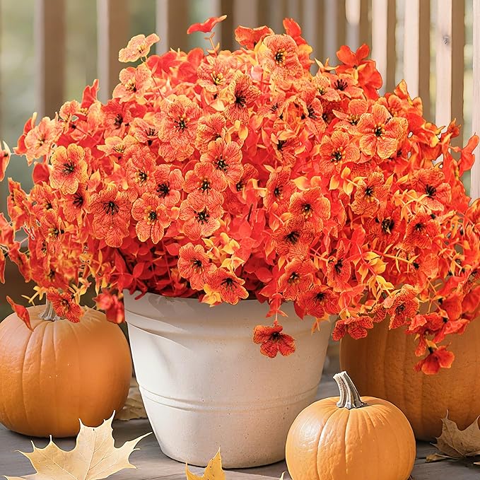 Der Rose 12 Bundles Faux Artificial Mums for Outdoors Fake Fall Flowers Plants Fall Decoration UV Resistant for Outside Home Porch Patio Garden Decor（Orange）