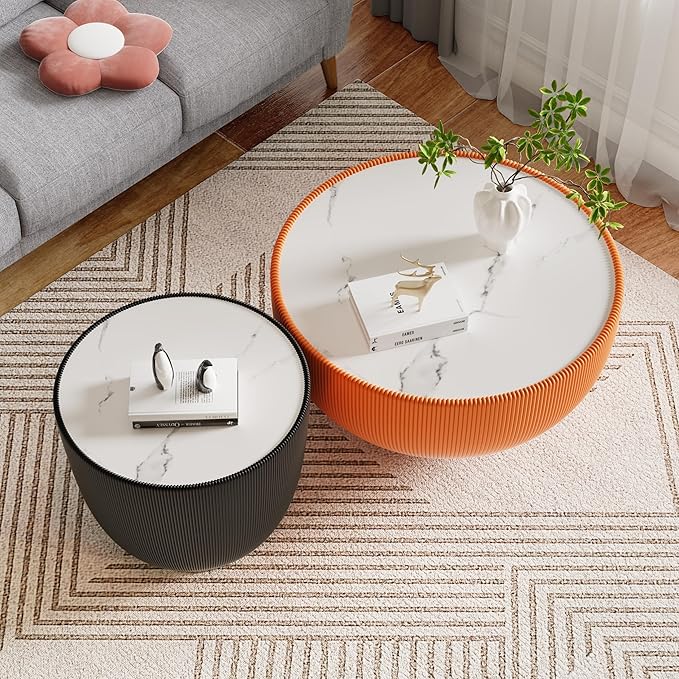 Round Living Room Table Set, 29.53" Orange Drum Center Table and 19.69" Black Coffee Table Set, 2 Pieces Coffee Table Set with Sintered Stone Tabletop, Fluted PU Leather Covered and Metal Base