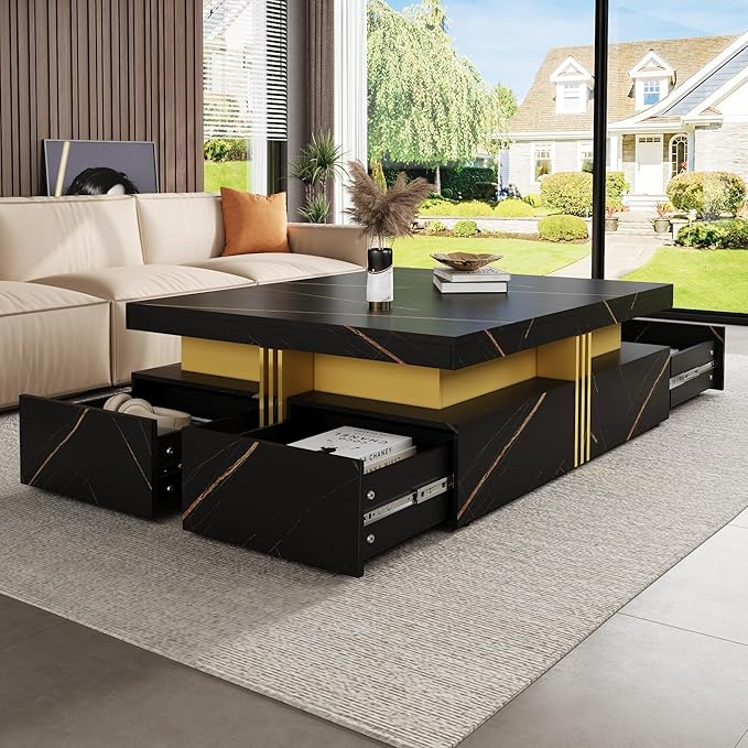 Merax 43.3" Modern Square Storage Coffee Table with 4 Drawers, with Marbling Gold Accents, Functional Center Tables for Living Room Apartment, Black