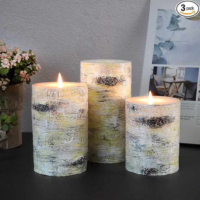 MOZEAL Hand-poured Unscented Candle,Dripless Pillar Candle set of 3,Includes 4", 5" and 6",approx 300 hours Burn Time,Rustic Country Style,for Wedding,Dinner,Christmas,Restaurants and Home decor,Birch