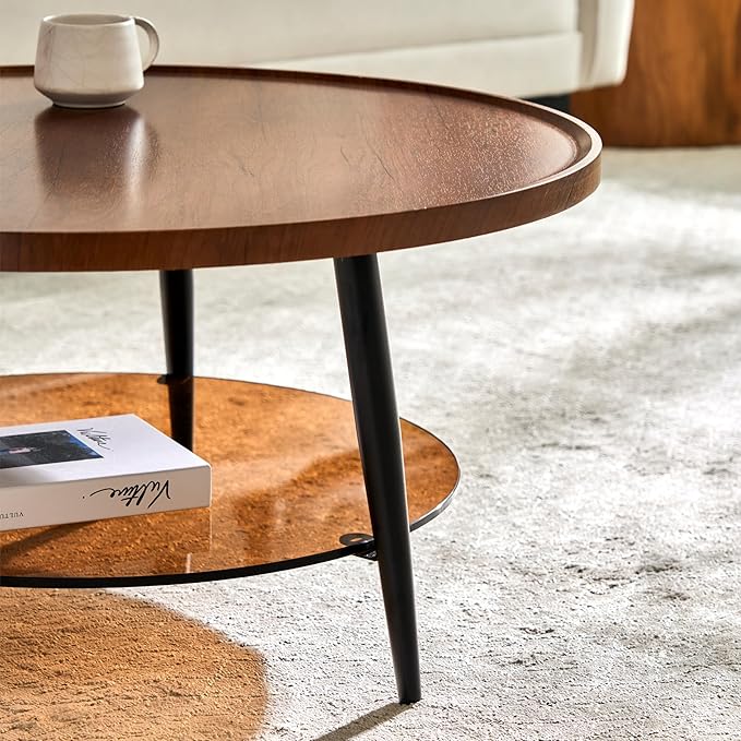 Saint Mossi Modern Coffee Table for Living Room, Mid-Century Round Wood Coffee Table, 2-Tier Center Table for Small Space, Espresso Wood Top and Brown Glass, W31xH15