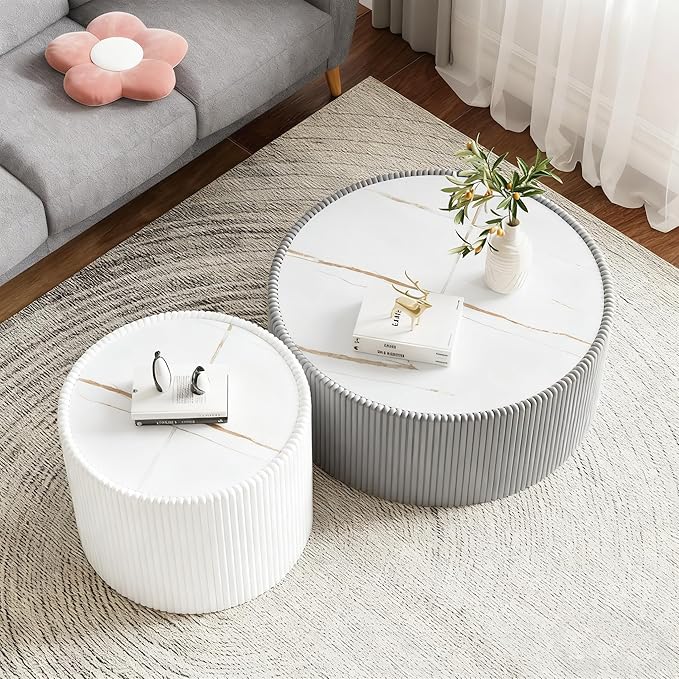 Round Living Room Table Set, 29.52" Grey Drum Center Table and 17.71" White Coffee Table Set, 2 Pieces Coffee Table Set with Sintered Stone Tabletop, Fluted PU Leather Covered and StableBase