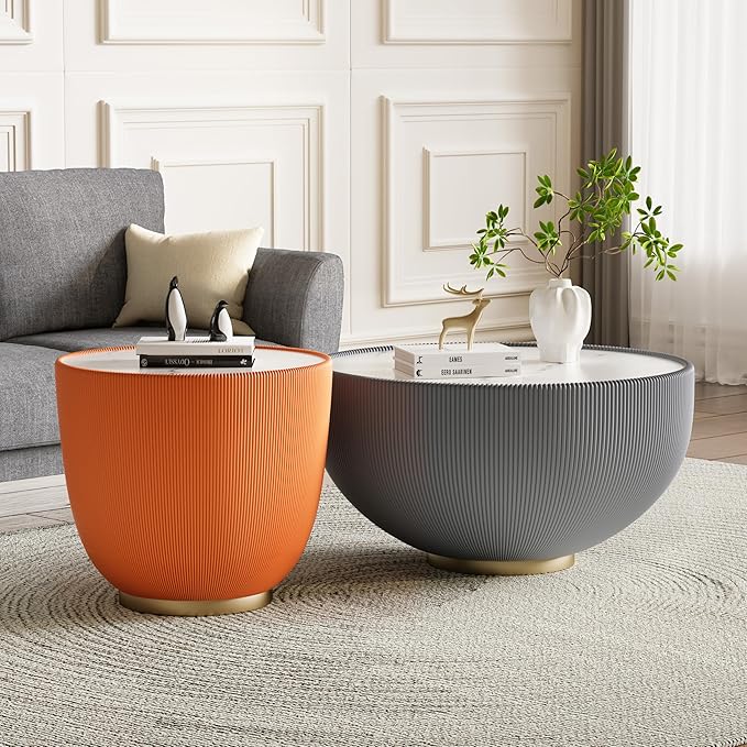 Round Living Room Table Set, 27.56" Grey Drum Center Table and 19.69" Orange Coffee Table Set, 2 Pieces Coffee Table Set with Sintered Stone Tabletop, Fluted PU Leather Covered and Metal Base