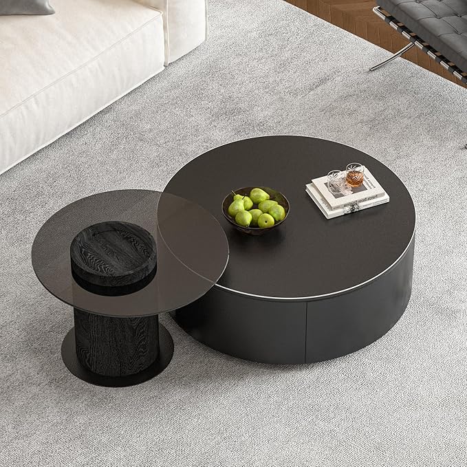 Round Coffee Table Set of 2 with Hidden Storage for Living Room, Modern Nesting Circle Center Coffee Table with Tempered Glass Top and Carbon Steel Base for Home Office, Easy Assembly, Black