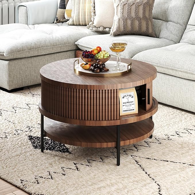 AQY Round Flip Top Coffee Table with Storage, 31.4" Multifunctional Wooden Center Table with Large Hidden Compartment & Open Shelves, Modern Coffee Table for Living Room, Office, Assembly Required