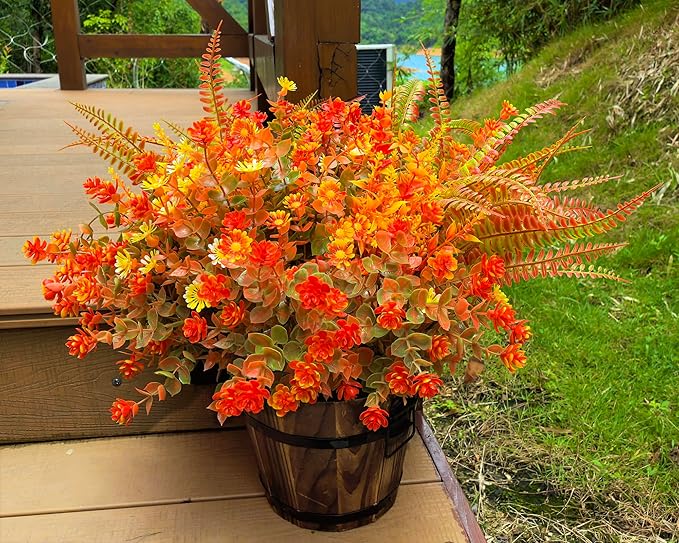 18 PCS Artificial Mums Fall Flowers for Outdoors, Artificial Plants Outdoor Fake Mums UV Resistant, Outdoor Fake Plants Plastic Faux Flowers for Porch Window Box Garden (Orange Red)