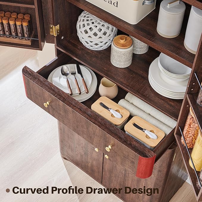 71" Tall Kitchen Pantry, Modern Curved Pantry Storage Cabinet with 4 Doors and 6 Adjustable Shelves, Cupboard for Kitchen, Dining Room, Living Room and Bathroom, Brown