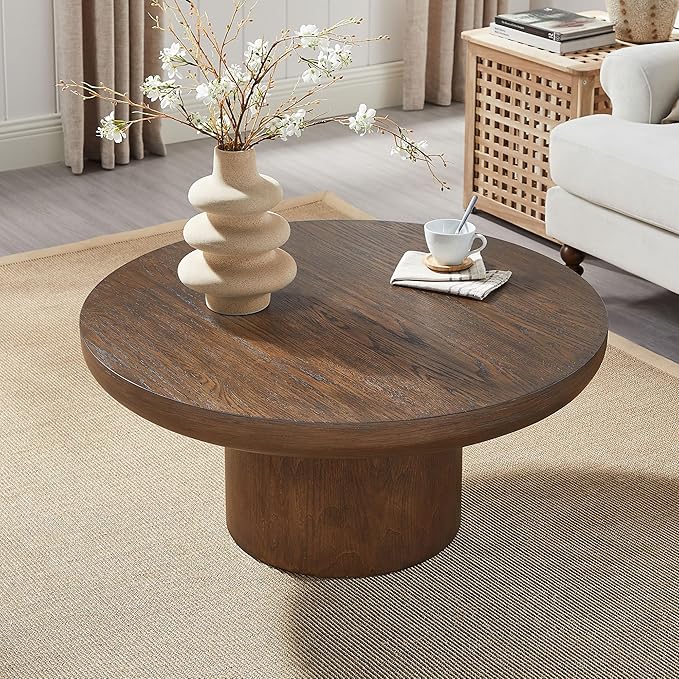 36" Round Coffee Table Solid Wood Coffee Table for Living Room Rustic Retro Circle Coffee Table Pedestal Center Table for Apartment, Easy Assembly (Dark Brown)