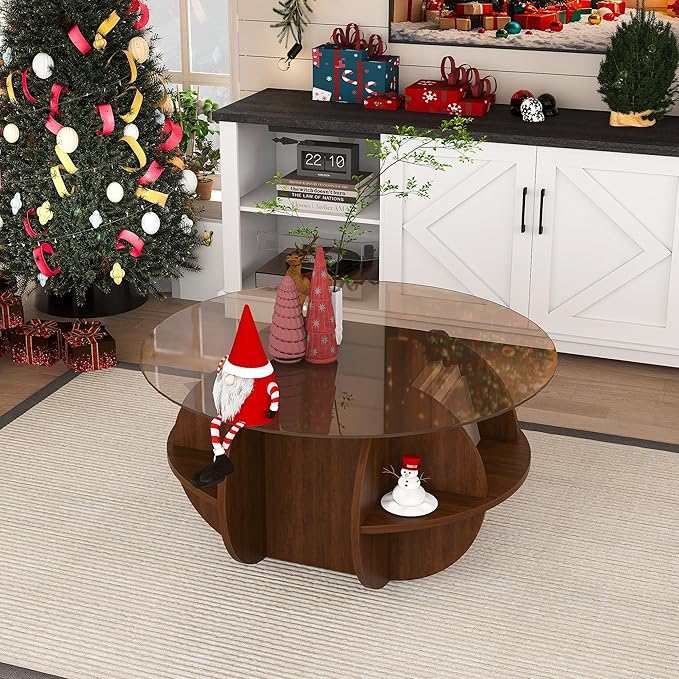 Modern Round Coffee Table, 31.5'' Glass Coffee Tables for Living Room with Storage ，Walnut Brown Circle Center Table with Tempered Glass-Top and Wooden MDF Frame, for Small Spaces (Walnut Style 2)