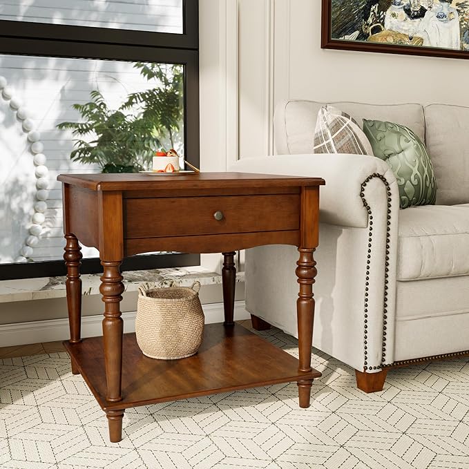 Solid Wood End Table with Drawer and Storage Shelf, Anne Queen Designed Beside Table with Solid Wood Roman Legs, Square Accent Tables and Meeting Table for Living Room, Bedroom Cherry Brown