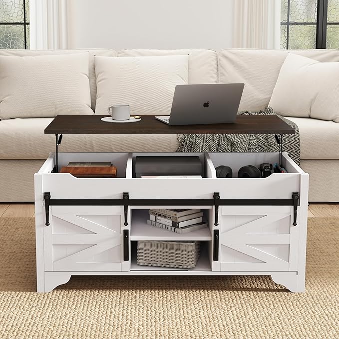47.64" W Lift Top Coffee Table with Sliding Barn Door Rustic Rectangle Storage Coffee Tables, Wood Center Table with Hidden Storage Compartment for Home, Office, White and Brown