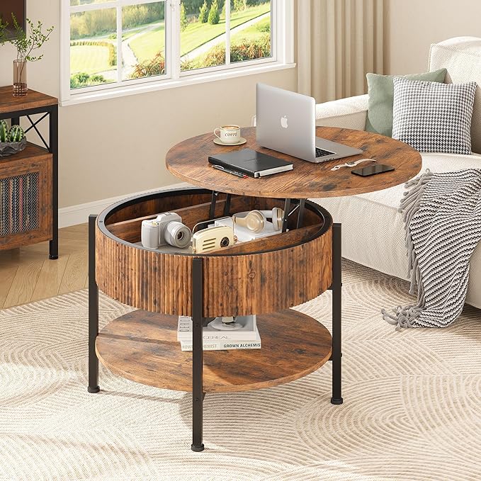 26.77” Small Coffee Table, Round Fluted Lift Top Coffee Table with Storage, Rustic Central Table with Lift Tabletop for Living Room, Home Office, Brown